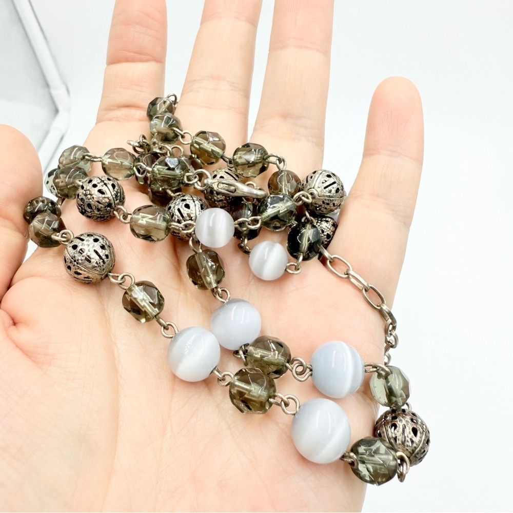 Tiger Eye Stone & Crystal Beaded Double-Strand Necklace Silver Filigree Accents - Picture 8 of 9
